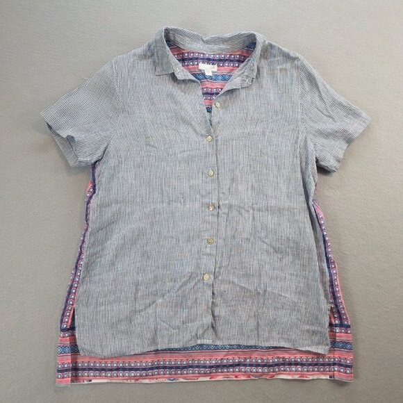 J. Jill Linen Cotton Mixed Media Pearlescent Button Front Bohemian Floral Blouse - Picture 3 of 10